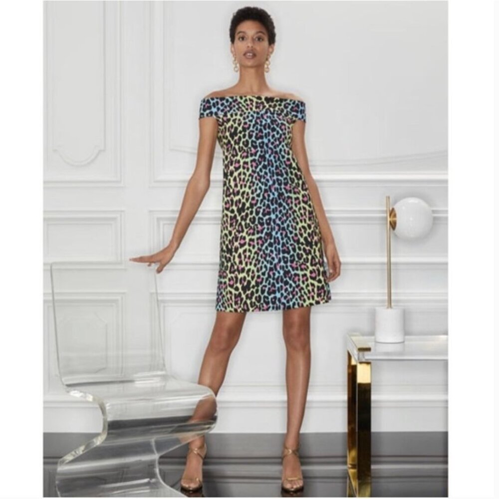 NWT Chiara Boni La Petite Robe Anoush Animal Print Off Shoulder Mini Dress 48 12